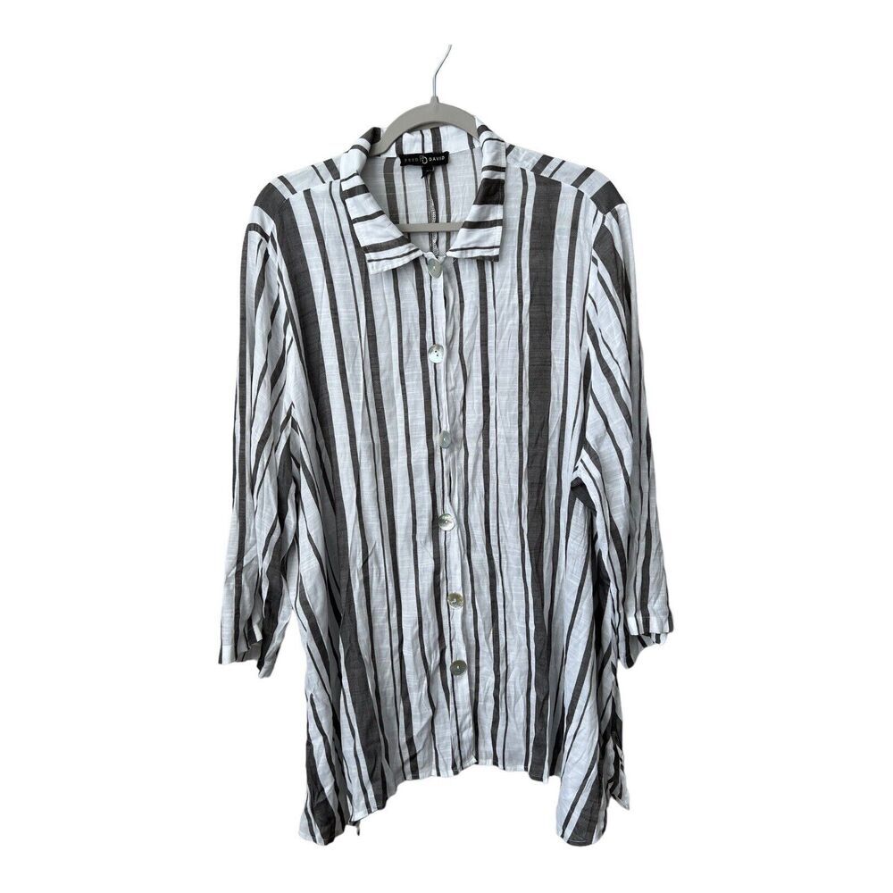 Fred David‎ Top Womens 3X White Gray Striped 3/4 Sleeve Button Up Shirt Collared